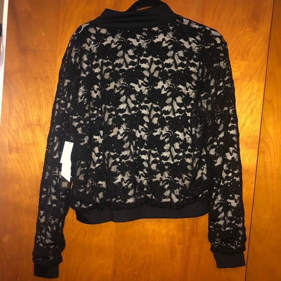 𝅺LuLaRoe Stevie Bomber Jacket Black Lace Sparkly M - Picture 2 of 4